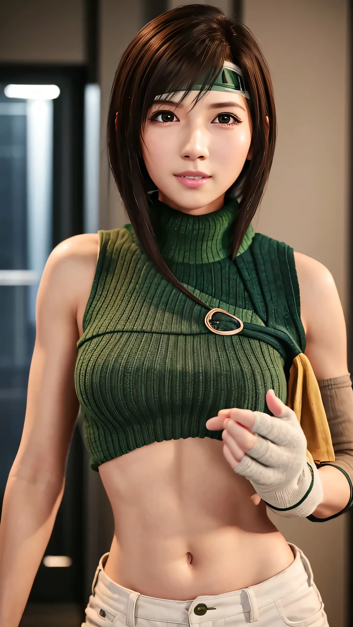 8K,Highest quality,The real picture,Intricate details,Ultra-high resolution,Depth Field,Masseter muscle area,Natural soft light,Professional Lighting,One Girl,(cute:1.2),Very beautiful 17 year old manga girl, Photorealistic anime girl rendering, Realistic Anime 3D Style,Detailed eyes,((Brown eyes)),(Brown Hair),short hair,(Bans),Yuffie,Yuffieキサラギ,head band,belly button, No sleeve, Green turtleneck, No sleeveタートルネック, Mid-breasted, Look at the viewers, Laughter, gloves, Crop top, Brown Hair, Shorts, abdomen, armor, sweater, Fingerless gloves, リブ編みsweater