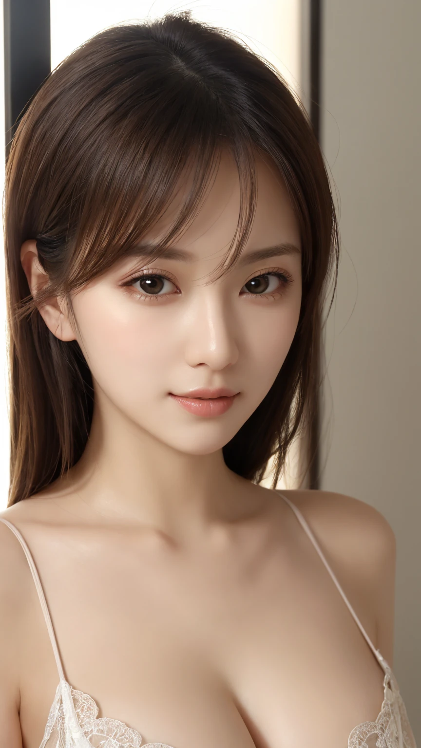 masterpiece、Highest quality、High resolution、Tabletop、wallpaper、Realistic、Bright lighting、Professional Lighting、Face Light、Smooth lighting、Japanese women、Adult、Beautiful woman、action、gravure、sexy、so beautiful、Beautiful Skin、Beautiful and exquisite、Detailed face、slim、Brown eyes、Looking into the camera、Cleavage、Big Breasts