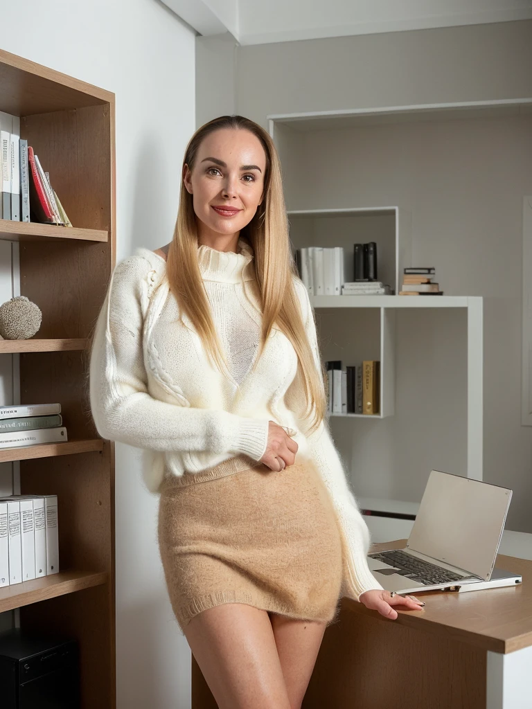 1 girl, (((Gretchen Barretto))), photorealistic photo of Gretchen Barretto, photo of a Swedish woman, cleavage, (((full lips and wide forehead))), middle age, (((Blonde long straight hair))), (((50-year-old woman))), body of 45-year-old woman, (((wrinkles on her face and body))), (((she is dressed in a tight fluffy woolen sweater, tight miniskirt, white knee high socks,))), (((dynamic pose))), she is looking at the camera smiling, (((she seductively stands in her modern study room, surrounded by sleek, minimalist furniture. The room is bathed in natural light streaming through large windows, emphasizing the clean lines and neutral tones of the decor. A spacious desk occupies one corner, clutter-free except for a laptop and a few carefully arranged books. The walls are adorned with abstract artwork or shelves displaying a collection of thoughtfully chosen items. The atmosphere is serene, fostering concentration and creativity, making it an ideal space for focused work or peaceful contemplation))), she is looking at the camera smiling, (((butt out)))