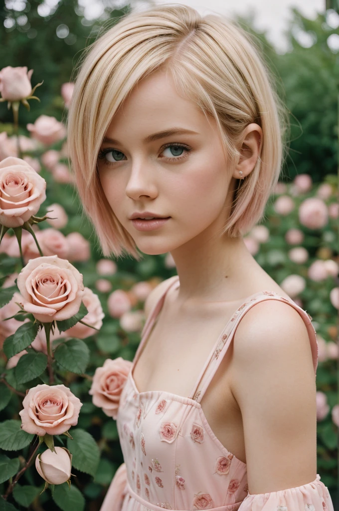 8k, photo and gross, fujifilm, Style photography of a beautiful young girl like Avril in a light pink rose garden. (very detailed skin: 1.2) Style-Petal BREAK short hair, blonde hair with colored highlights, wearing a dress, film grain, 35mm, beautiful style