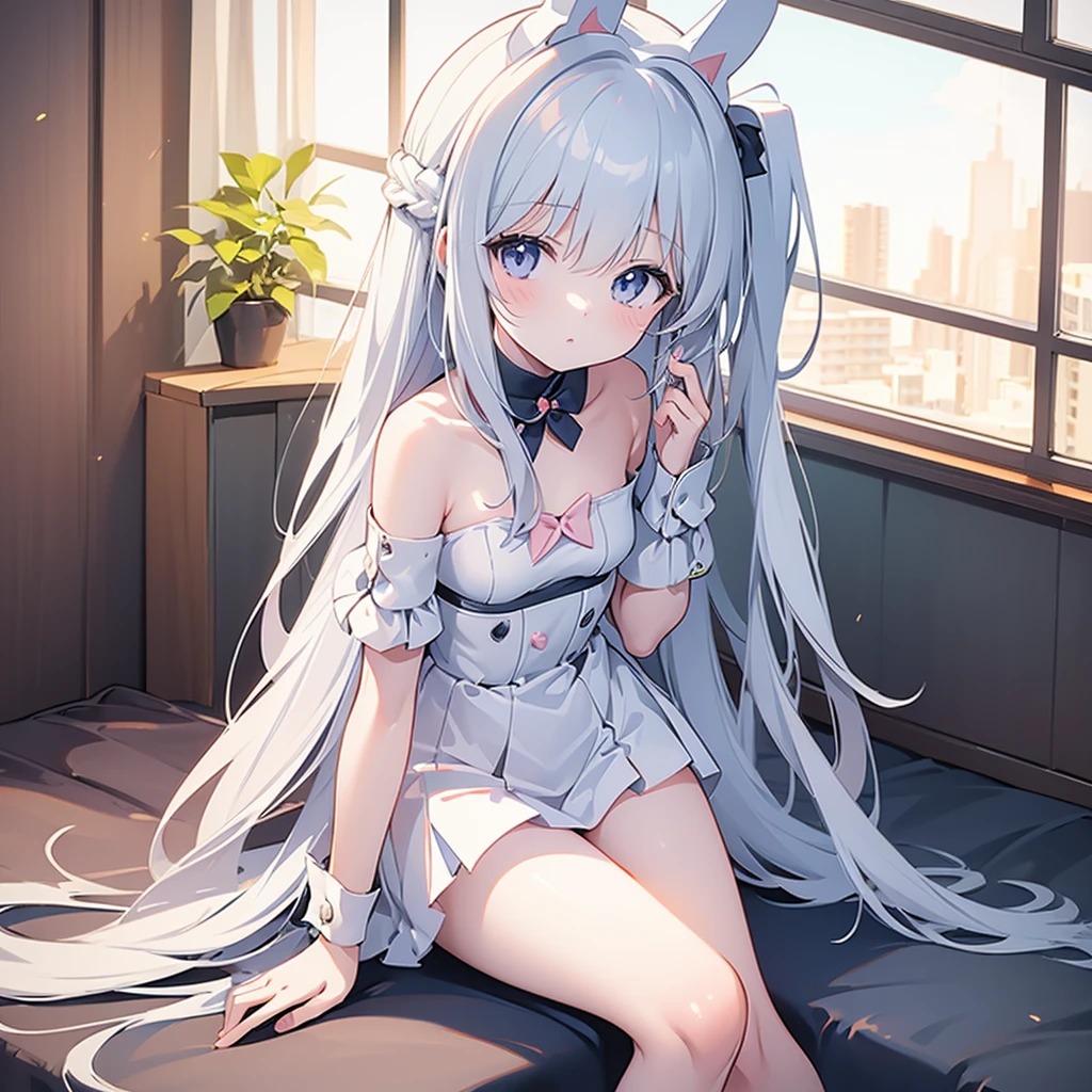 ((masterpiece)), ((Best Quality)), (Ultra-detailed), Anime style, Cute , 1girl in, Solo, 8k, sitting on the bed, young girl , flat chest, bare shoulders , rabbit girl 