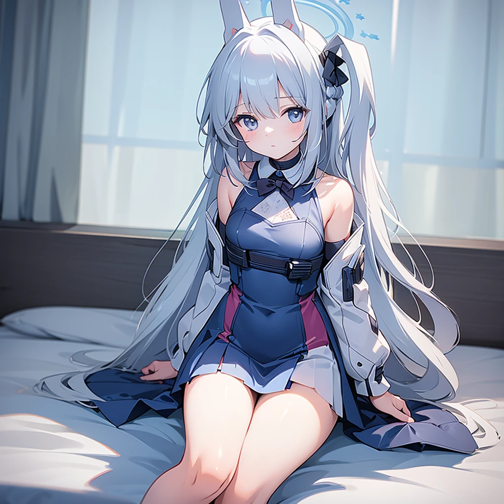 ((masterpiece)), ((Best Quality)), (Ultra-detailed), Anime style, Cute , 1girl in, Solo, 8k, sitting on the bed, young girl , flat chest, bare shoulders , rabbit girl 