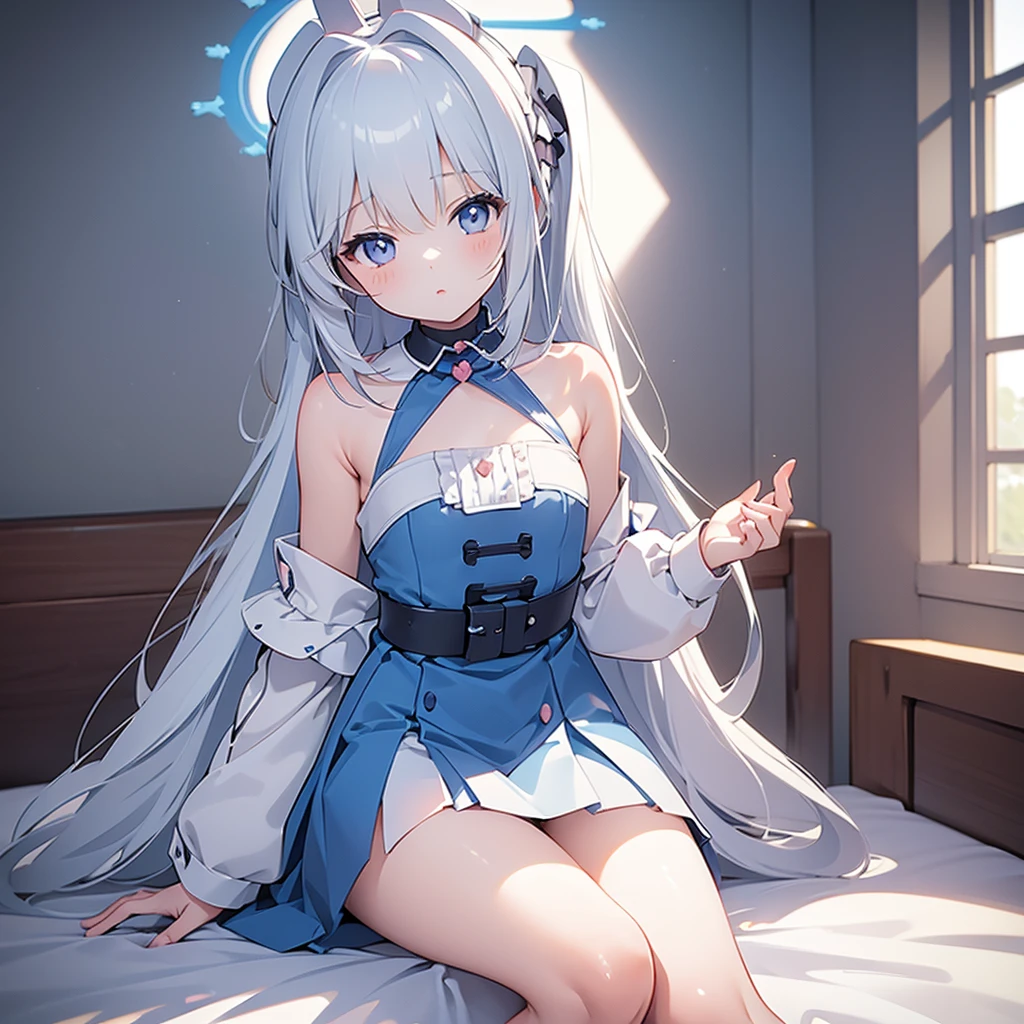 ((masterpiece)), ((Best Quality)), (Ultra-detailed), Anime style, Cute , 1girl in, Solo, 8k, sitting on the bed, young girl , flat chest, bare shoulders , rabbit girl 