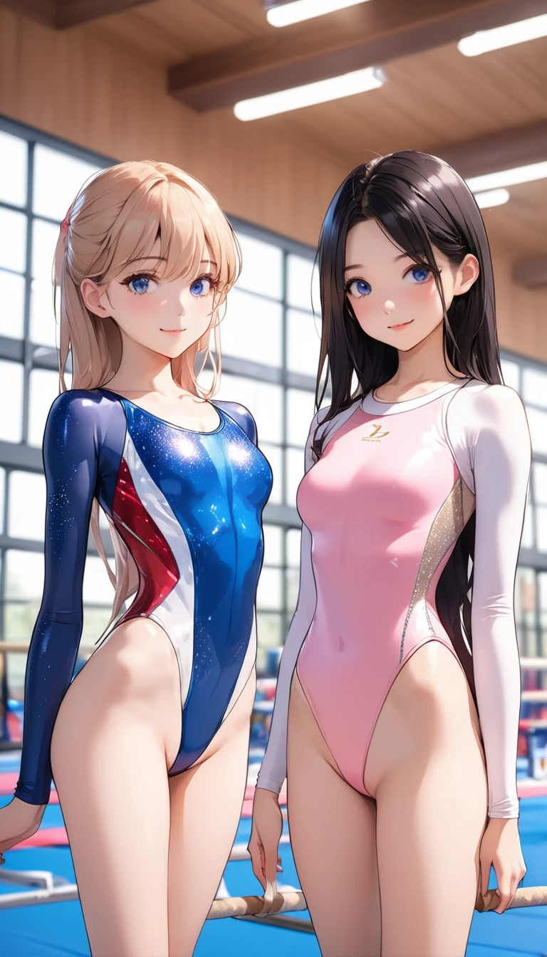 expensivequality illustration, masterpiece, very delicate and beautiful, attractive girl,(gymnastics leotard,tight leotard,length_sleeve leotard,expensive_leg leotard,athletic leotard),thin,slender body,slim,expensive school,gymnastics club,2 girls,bare legs,gymnasium background,princess, beautiful eyes, light smile,highres, extremely detailed CG unity 8k wallpaper, perfect lighting, ultra-high res,cowboy  shot 