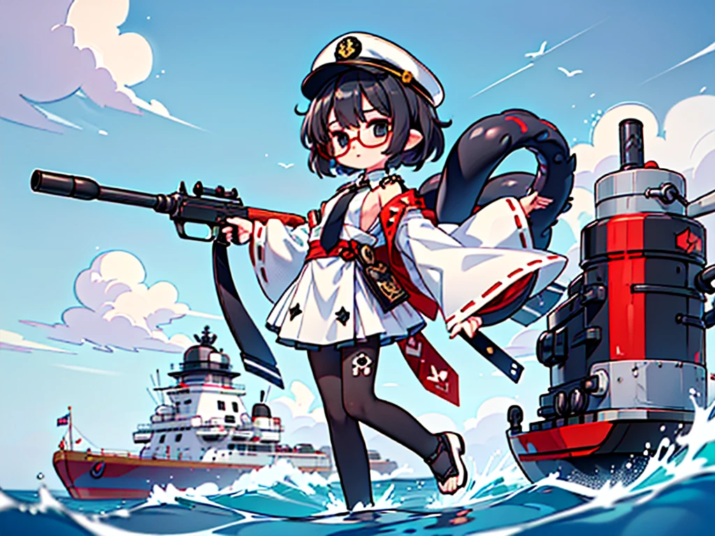 (((masterpiece, Vision))), ((((Full body of a woman with perfect flat chest、1 Female、solo、Short unkempt black hair、Tie your messy hair at the nape of your neck、white military jacket、Miko costume、black tights、Black glasses are black、White military cap、Cloudy black eyes、Confused eyes、Junyo-inspired emblem)))), (((Shipgirl))), ((Floating on the morning sea with both feet)), (Standing with your legs apart)), Aim, (Hold the shotgun turret grip with your right hand), (Four white mechanical tentacles extend from its back, each holding a turret.), (Equipped with a bridge on the back), (His left arm holds the grip of a triple machine gun),