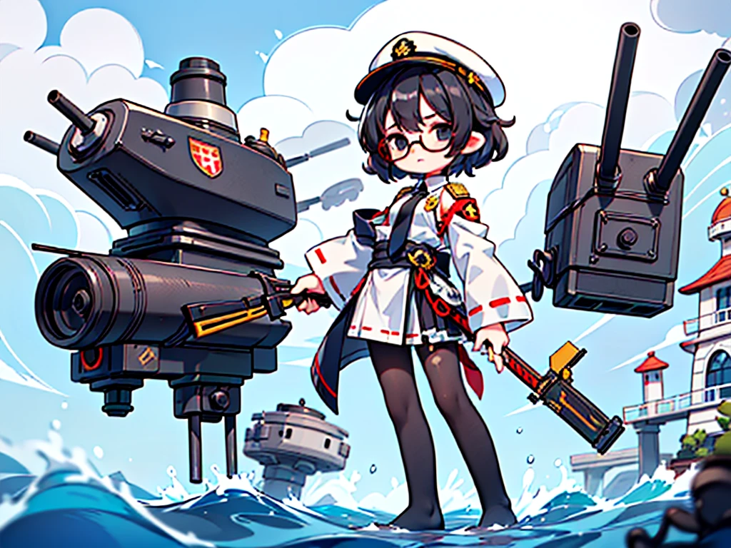 (((masterpiece, Vision))), ((((Full body of a woman with perfect flat chest、1 Female、solo、Short unkempt black hair、Tie your messy hair at the nape of your neck、white military jacket、Miko costume、black tights、Black glasses are black、White military cap、Cloudy black eyes、Confused eyes、Junyo-inspired emblem)))), (((Shipgirl))), ((Floating on the morning sea with both feet)), (Standing with your legs apart)), Aim, (Hold the shotgun turret grip with your right hand), (Four white mechanical tentacles extend from its back, each holding a turret.), (Equipped with a bridge on the back), (His left arm holds the grip of a triple machine gun),