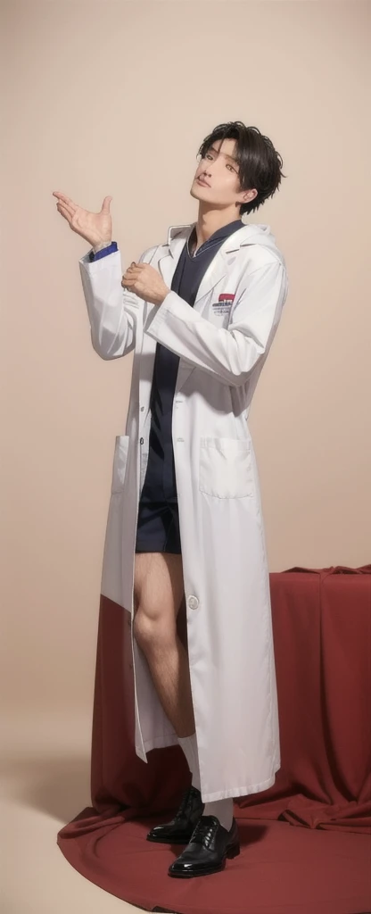 (Fair skin),((white lab coat)), (black hoodie underneath),Iris,(gender: Natural Face),(Japanese),(leather shoes),long body,handsome young asian man, Japanese idol style, short clean-cut hair, (center part), calm confident expression, hands in lab coat pockets, plain white background, portrait, high quality, detailed, 8K