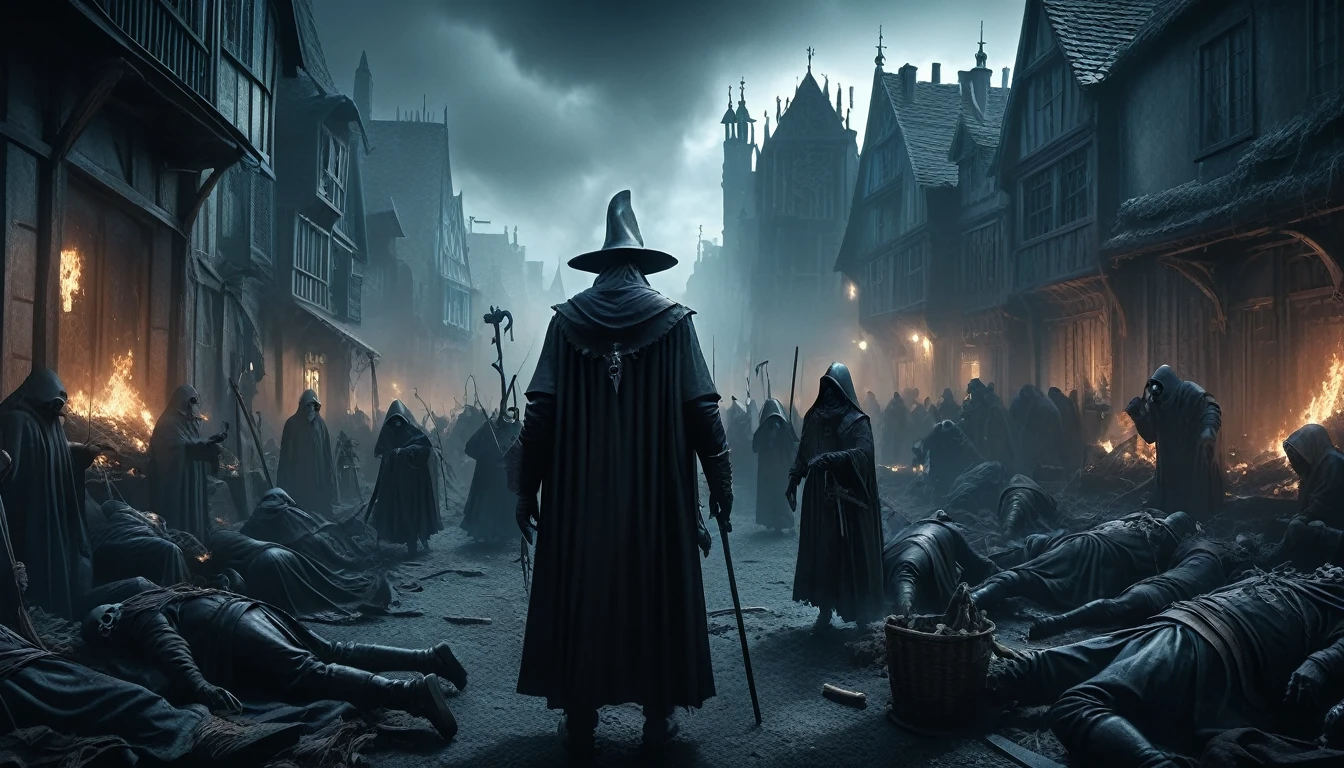 (anime, fantasy, black death), (detailed CG unity 8k wallpaper, masterpiece, best quality, ultra-detailed, HDR:1.2), vibrant colors, intricate, high FXAA, dark fantasy, black death medieval, plague doctor, plague, dark times, apocalypse, suffering, massacre, chaos, cinematic composition, volumetric fog, dynamic lighting
