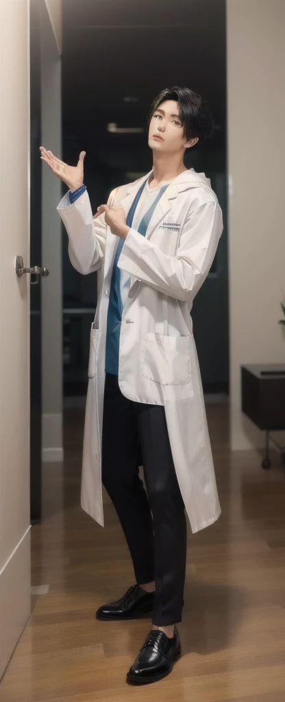 (Fair skin),((white lab coat)), (black hoodie underneath),Iris,(gender: Natural Face),(Japanese),(leather shoes),long body,handsome young asian man, Japanese idol style, short clean-cut hair, (center part), calm confident expression, hands in lab coat pockets, plain white background, portrait, high quality, detailed, 8K