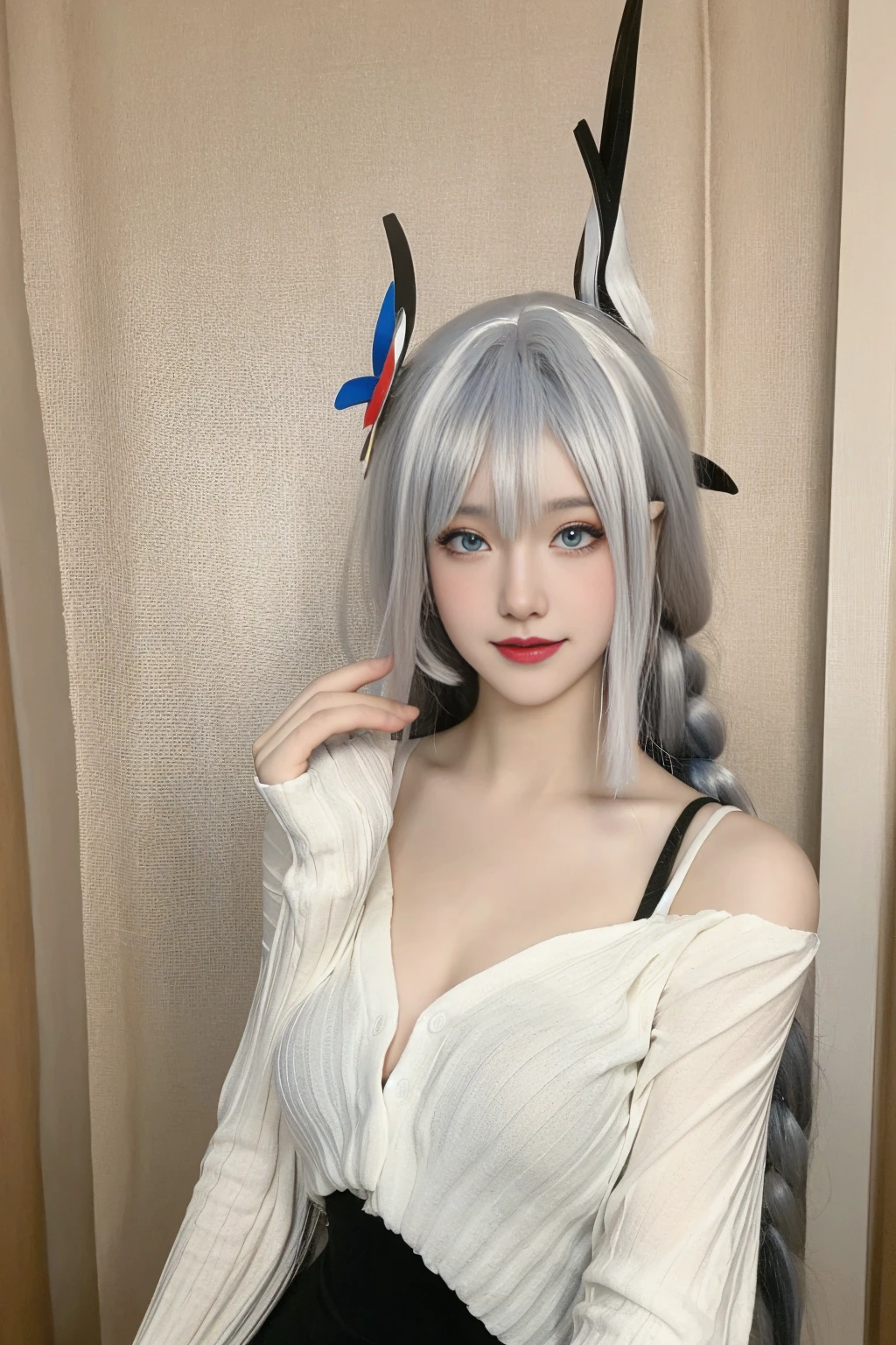 best quality, tmasterpiece,Ultra-high resolution,Clear face,(Reality:1.4),ferpect lighting,(upper body), (photorealistic:1.50), anime wallpaper, Guviz style artwork, cover-up fantasy up to magic , by Yang J, Guviz, beautiful artwork illustration, beautiful digital artwork, beautiful digital illustration, Li Song, beautiful anime portrait, art style in Beauvot, 1girl, 独奏, bangs, One braid hair, (white hair), Hair covers one eye, hair ornament, Earring, Blush, red cheeks, blue eyes, Double eyelids, Long sleeve white t-shirt, Bare shoulders, (super Giant breast:1.5), (shagging breasts:1.3), Short pencil skirt, Black skirt, standing, room, Background inside the house, looking at viwer, smile, Slim body, Arms behind back,