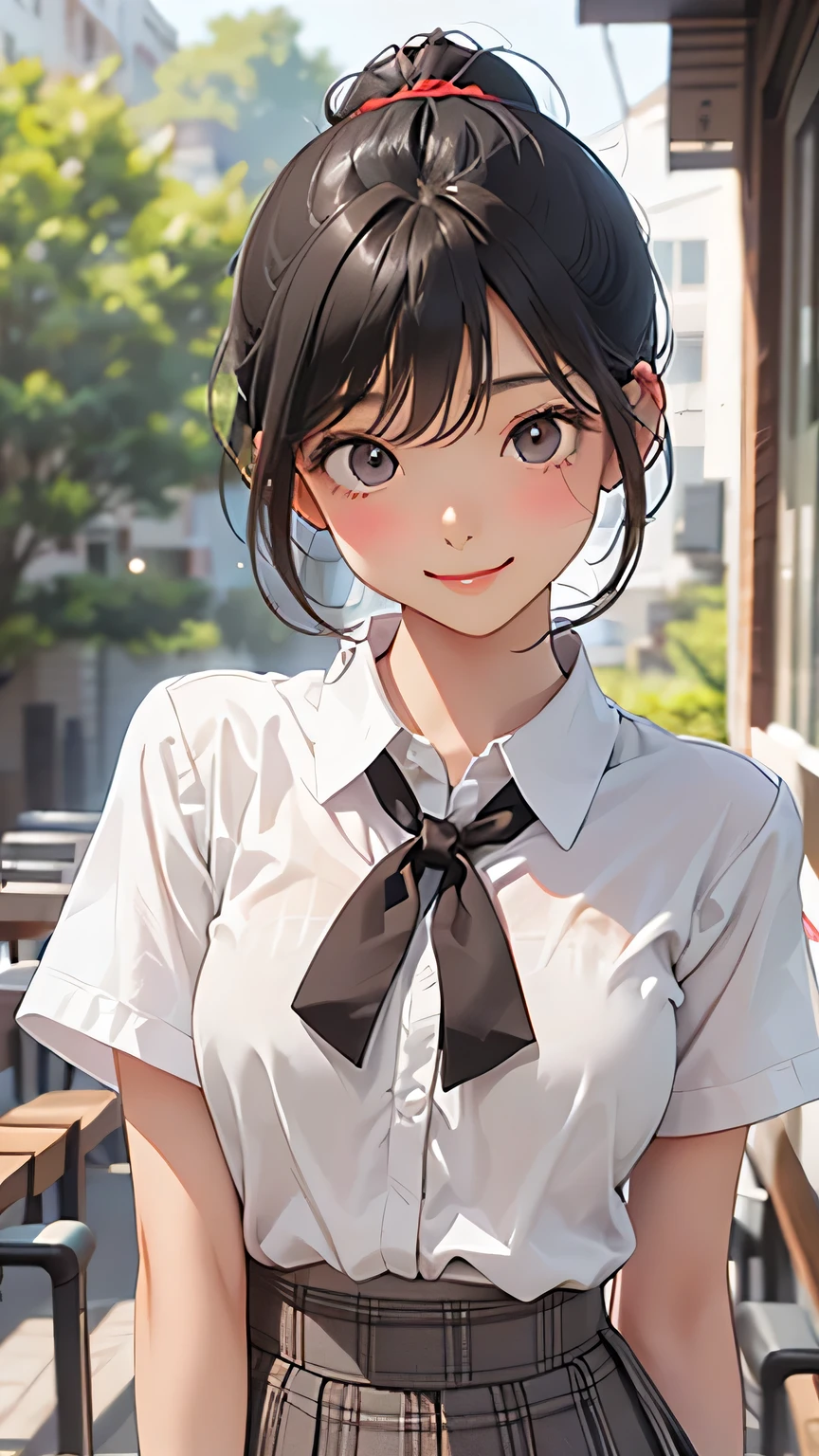 highest quality、Realistic、woman、Cafe、Gray Eyes、ponytail、all back、Black Hair、White short sleeve blouse、Red checked pleated skirt、White Lingerie、Tanned black body、Tan Skin、Brown black skin、Dark skin、slender、Large Breasts、smile、Bust Shot