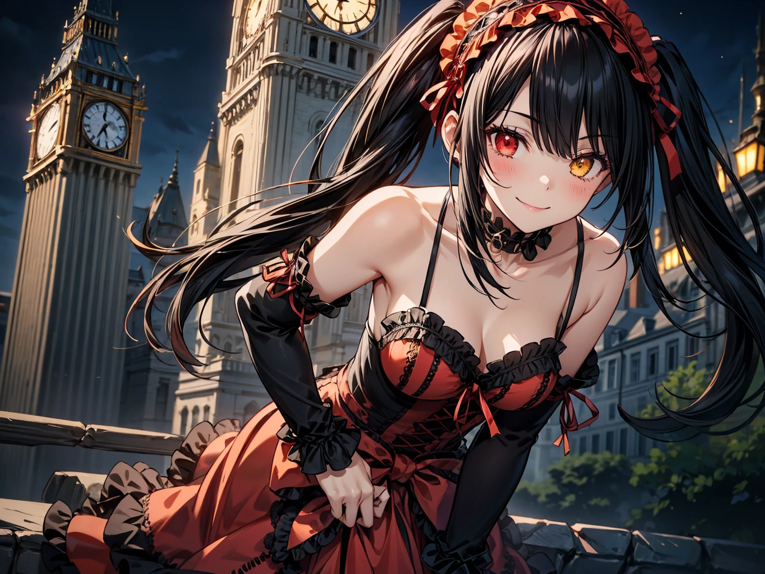 Very detailed, highest quality, masterpiece, gravure body type, medium breasts, moody angle, cowboy shot,( 1girl, solo:1.5), aakurumi, long hair, twintails, hairband, heterochromia, medium breasts, cleavage, black choker, red ribbon, bare shoulders, gothic, red dress, red bow, detached sleeves, very detailed background, outdoors, smile, Confident posture, night, city,( Clock tower in the background), leaning forward, wind