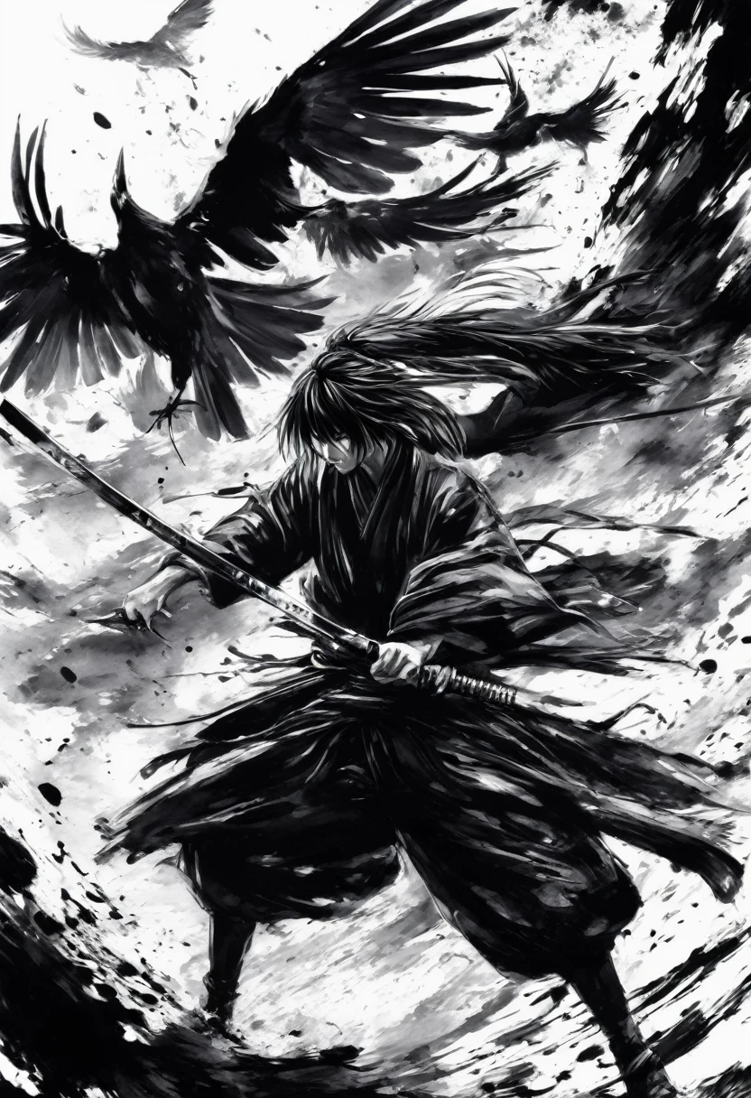 Ink painting,Ink Painting,Black and white painting,splash,Anime Rurouni Kenshin,main character、Kenshin Himura,Black Costume,(multiple crows:1.2),(acrobatic pose,Detailed depiction of intense sword fighting scenes:1.2),