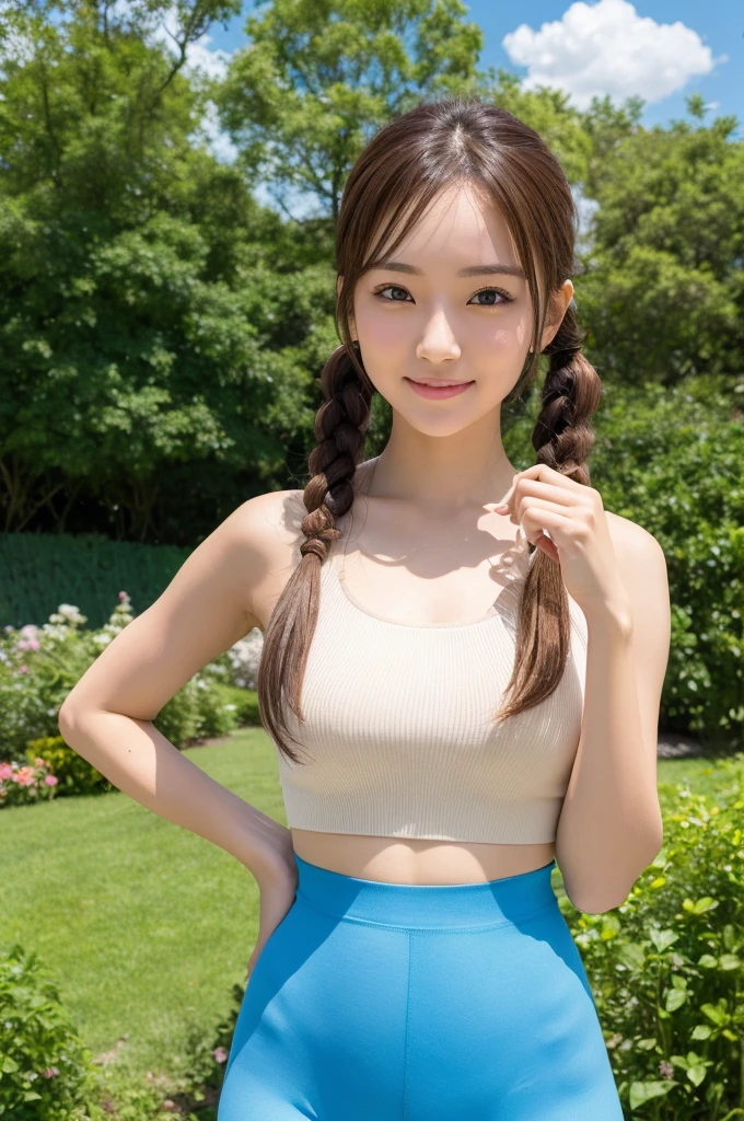 (masterpiece, Highest quality, 8K, High resolution),(Realistic skin texture, Perfect Face, Realistic, Perfect hands, Perfect finger count, Japanese, Girl), (23 years old), Big Eyes, Brown eyes, Light brown hair, bangs, Twin tails, hair accessory, Small face, Smile, ((Tube top, leggings, Cameltoe)), Are standing, Cute pose, garden, wood々, Blue sky and clouds