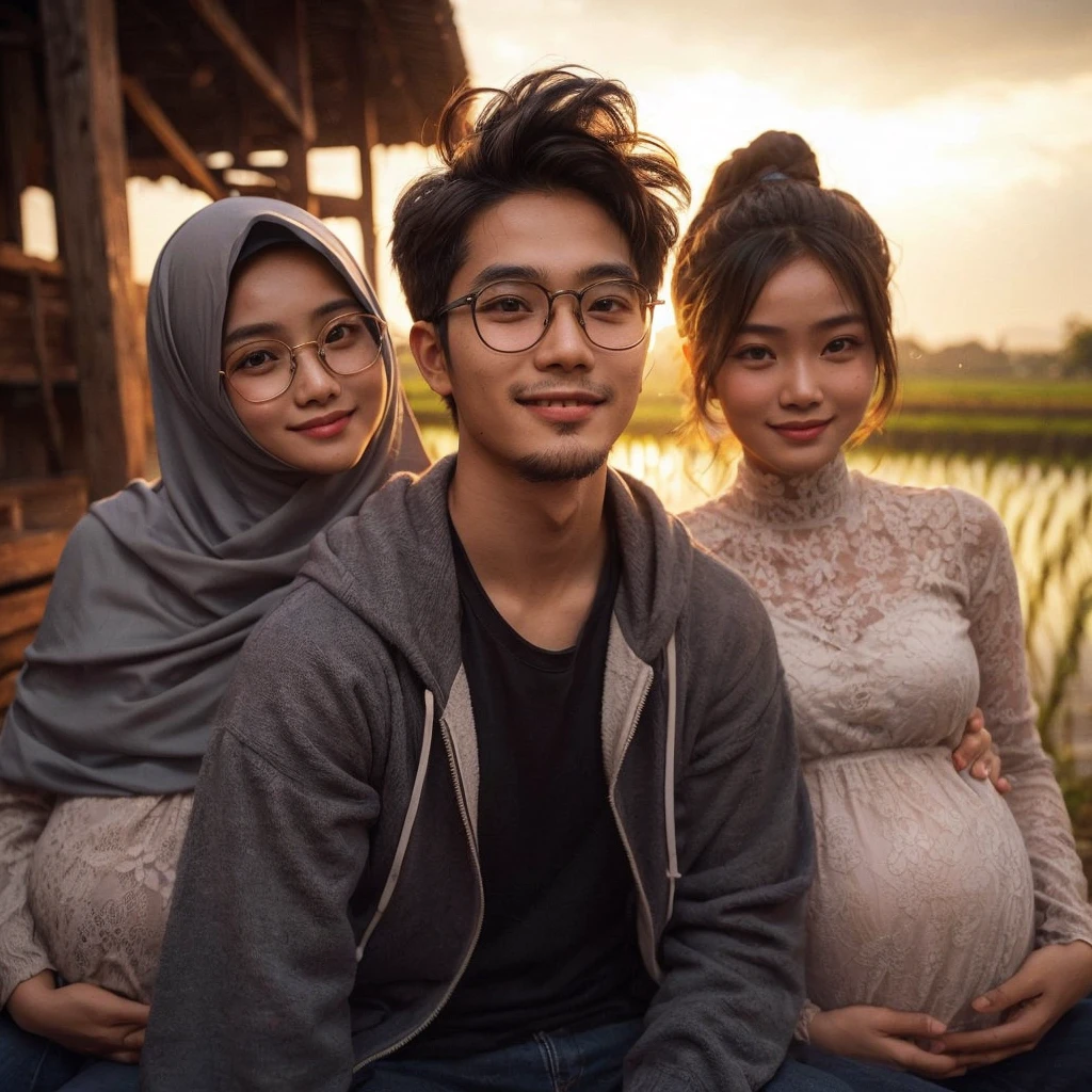 "A young Indonesian man with glasses and short, messy hair sits between two beautiful, pregnant 18-year-old women wearing hijabs, with ponytail hairstyles and braided backs. The background is a countryside setting with a wooden building and rice fields illuminated by the evening sunlight. All three appear happy and smiling."