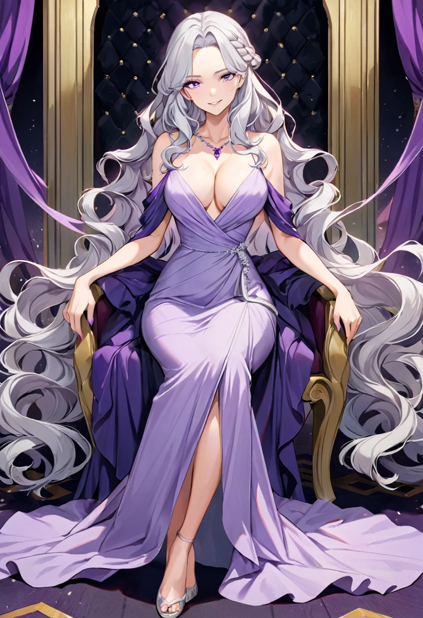 silver hair, long silver hair, wavy hair, soft purple eyes, female, large bust, long dress, lilac dress, modest dress, v neck, floor length dress, braided hair, perfect body, one person, adult, high quality, sitting, on throne, light purple eyes, all-knowing, smirk, a little devillish