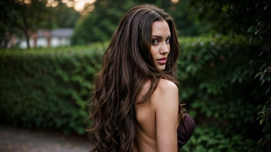 Photo of a Brunette model, exuding sexiness, in an ultra-detailed sexy pappy seed color dress, outside context with a lens set at f/1.8, portraying a very realistic image. Her long wavy brown hair cascades down in tight curls, framing her slender figure. Her little heels add an alluring touch to the scene, completing the image with an air of sophistication and charm. Ultra high definition, 8K resolution, Canon EOS R6 with a 35mm Lens, boasting rich colors and hyper-realistic texture, captures every intricate detail of this stunning scene.