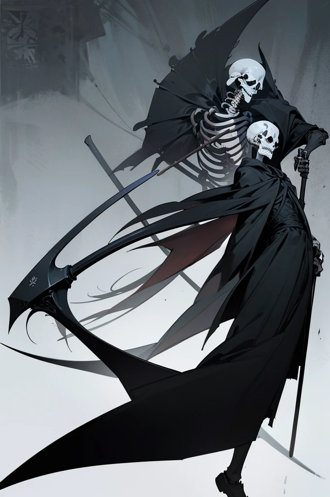 A painting of a skeleton holding a sickle and a scythe, Scythe design, the Angel of Death, Angel of Death, Full body concept, Spooky and gloomy art style, Detailed but rough, Pure black body, detailed Full body concept, Grim Reaper Illustration, Demon Soul concept art, skeleton with extra fleshy bits, dark souls concept