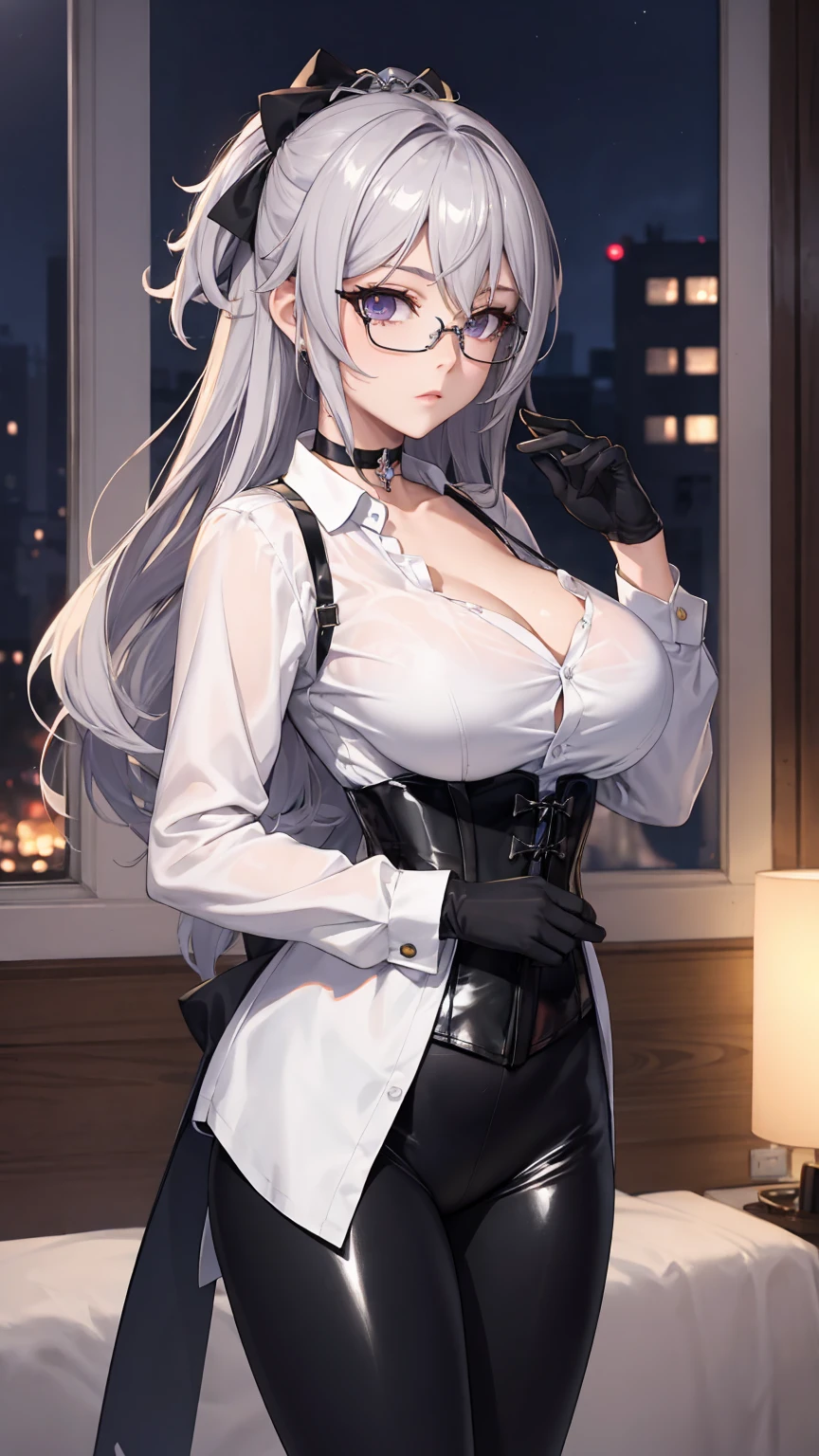 Masterpiece, Beautiful art, professional artist, 8k, detailed body, Very detailed face, very detailed eyes, Detailed clothing, detailed fabric, Best Quality, better resolution, 1 girl, bronya zaychik \(Honkai Impact 3rd\), front view, standing, big breasts, serious expression, At night , long silver hair, glasses, choker:1.6, (white collar button down long sleeve shirt), (shiny black corset), black gloves that cover your hands, (shiny black leggings), looking at the viewer, elegant room, At night