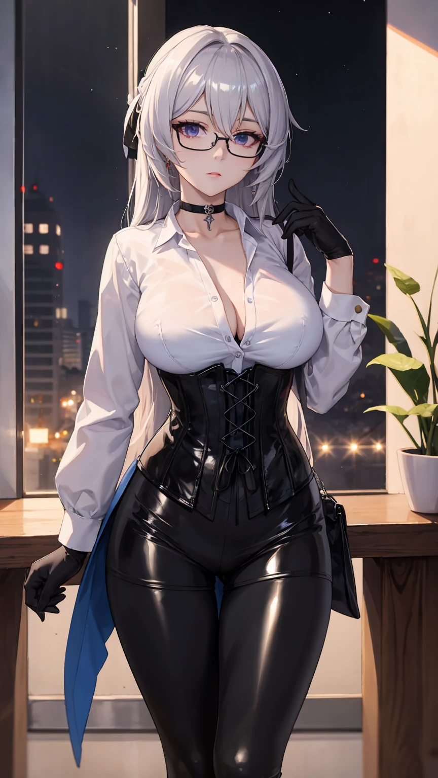 Masterpiece, Beautiful art, professional artist, 8k, detailed body, Very detailed face, very detailed eyes, Detailed clothing, detailed fabric, Best Quality, better resolution, 1 girl, bronya zaychik \(Honkai Impact 3rd\), front view, standing, big breasts, serious expression, At night , long silver hair, glasses, choker:1.6, (white collar button down long sleeve shirt), (shiny black corset), black gloves that cover your hands, (shiny black leggings), looking at the viewer, elegant room, At night