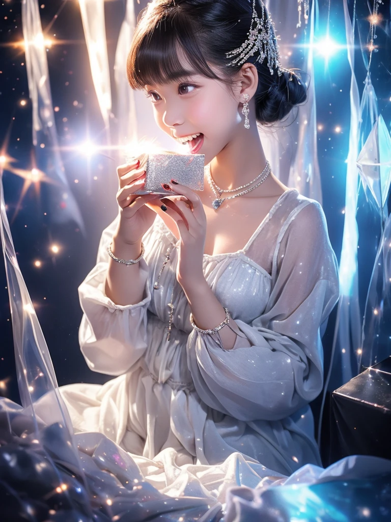 A young woman in euphoria biting into a shimmering silver pearl-like sweets, transparent gem-like box in the background, cascading light