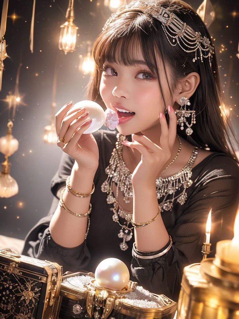 A young woman in euphoria biting into a shimmering silver pearl-like sweets, transparent gem-like box in the background, cascading light