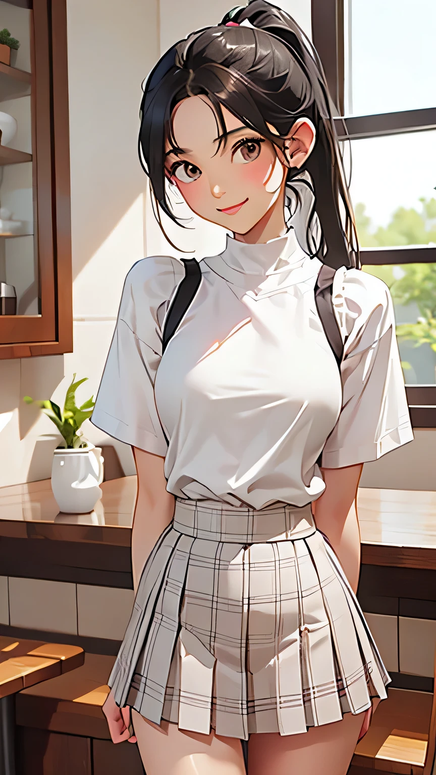 highest quality、Realistic、woman、Cafe、Gray Eyes、ponytail、all back、Black Hair、White short sleeve blouse、Red checked pleated skirt、White Lingerie、Tanned black body、Tan Skin、Brown black skin、Dark skin、slender、Large Breasts、smile、Bust Shot