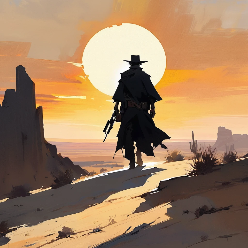 1man,Old West, Desert, scorching sun, silhouette, gloomy, black clothes, gunslinger, horizon, from far, Oil paint, black and white
