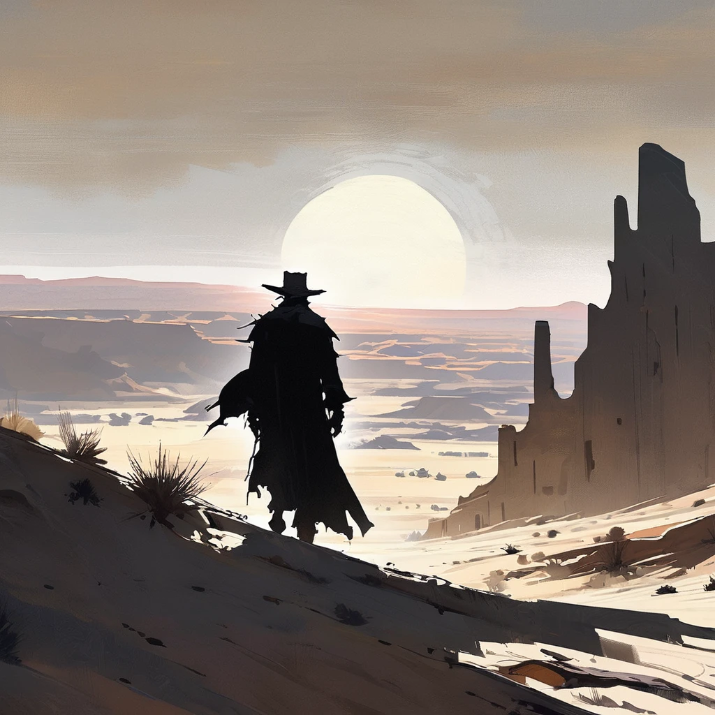 1man,Old West, Desert, scorching sun, silhouette, gloomy, black clothes, gunslinger, horizon, from far, Oil paint, black and white 