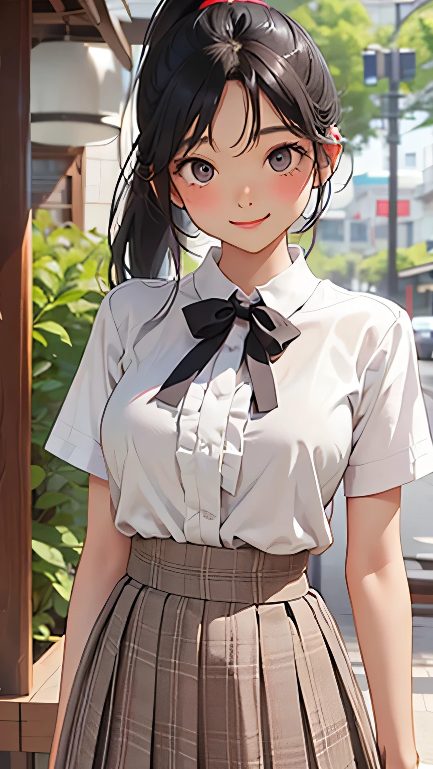 highest quality、Realistic、woman、Cafe、Gray Eyes、ponytail、all back、Black Hair、White short sleeve blouse、Red checked pleated skirt、White Lingerie、Tanned black body、Tan Skin、Brown black skin、Dark skin、slender、Large Breasts、smile、Bust Shot