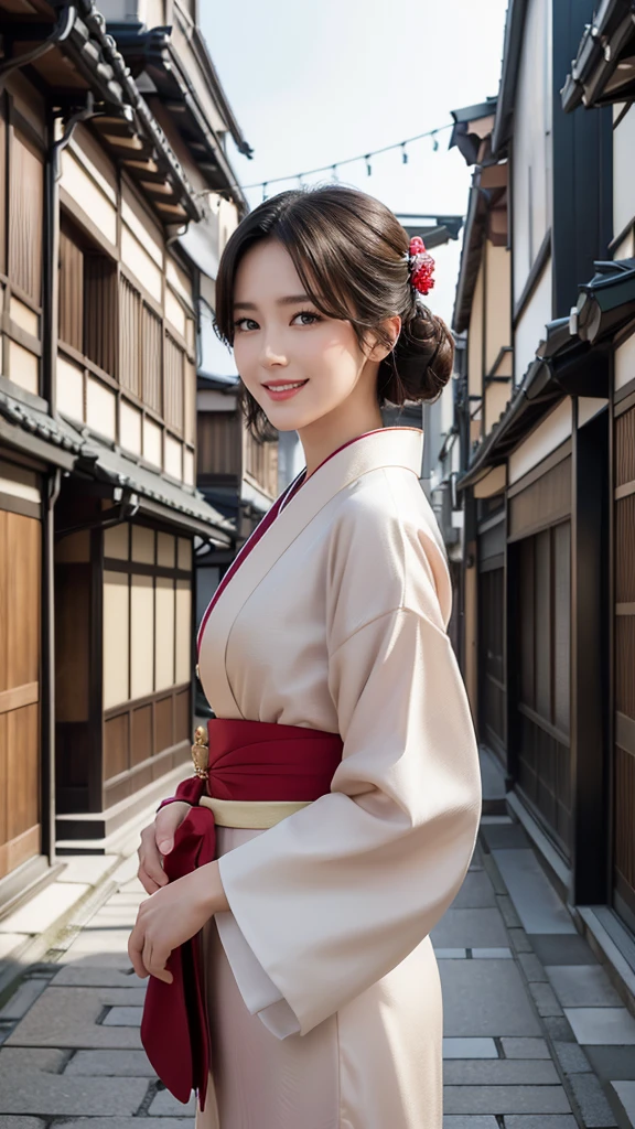 Professional Lighting,(Photorealistic:1.4), (Top image quality:1.0), (超High resolution:1.0), 8K, Raw photography, (masterpiece:0.2), (Facing the children_v1:0.5)、(最高quality Detail:1.2)、Realistic、8K えー、High resolution、(1 Girl:1.2)、超detailedな、High quality textures、Intricate details、detailed、Very detailed CG、High quality shadows、detailed 美しく繊細な顔、Beautiful details and a delicate eye、(Symmetrical eyes:1.2),Written boundary depth、Ray Tracing,1 Girl, Japanese Girls, (Natural smile:1.4),cute, thin, Portrait of a beautiful Japanese woman in a kimono, Standing elegantly on a street corner in Kyoto. 伝統的な柄がwonderful着物です, Hair decorated with elegant and delicate hairpins, Gentle expression. (With the old streets of Kyoto in the background:1.4)、The soft light of a spring afternoon、Adding tranquility to the scene. Rendered in a Realistic style with great attention to detail, High resolutionの画像.Sky Porn, Magic Hour, (Realistic:1.3), finely, quality, (Tabletop:1.2), (Realistic:1.2), (最高quality), (複雑なdetailed), dramatic, Ray Tracing, photograph, +roller, colorful、wonderful、The ultimate beauty