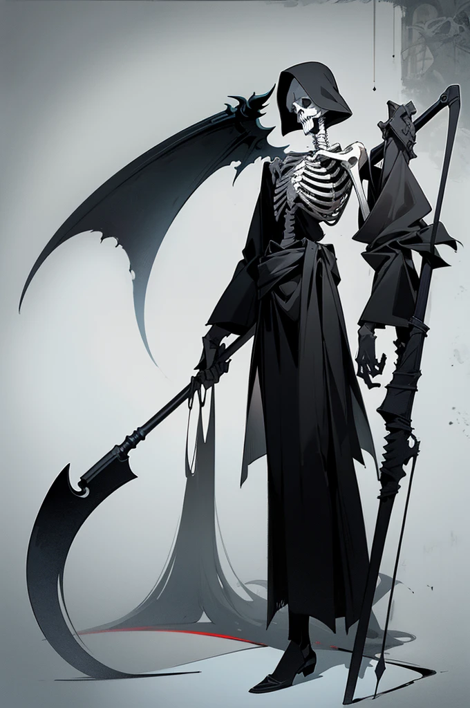 A painting of a skeleton holding a sickle and a scythe, Line drawings inspired by Ryuji Kawabata, Art Station, Empty heart, Scythe design, the Angel of Death, Angel of Death, Full body concept, Spooky and gloomy art style, Detailed but rough, Pure black body, detailed Full body concept, Grim Reaper Illustration