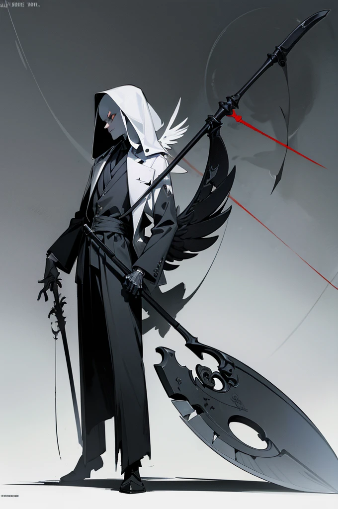 A painting of a skeleton holding a sickle and a scythe, Line drawings inspired by Ryuji Kawabata, Art Station, Empty heart, Scythe design, the Angel of Death, Angel of Death, Full body concept, Spooky and gloomy art style, Detailed but rough, Pure black body, detailed Full body concept, Grim Reaper Illustration