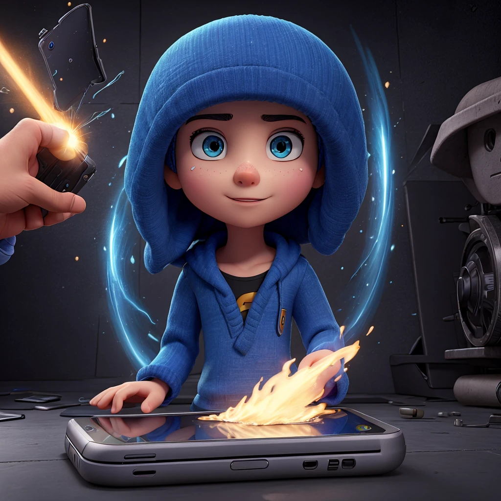 Samsung mobile phone comes to life and is ultra powerful ,eyes come out ,boca ,Clothes ,just metal and glass with super powers and asking for help
