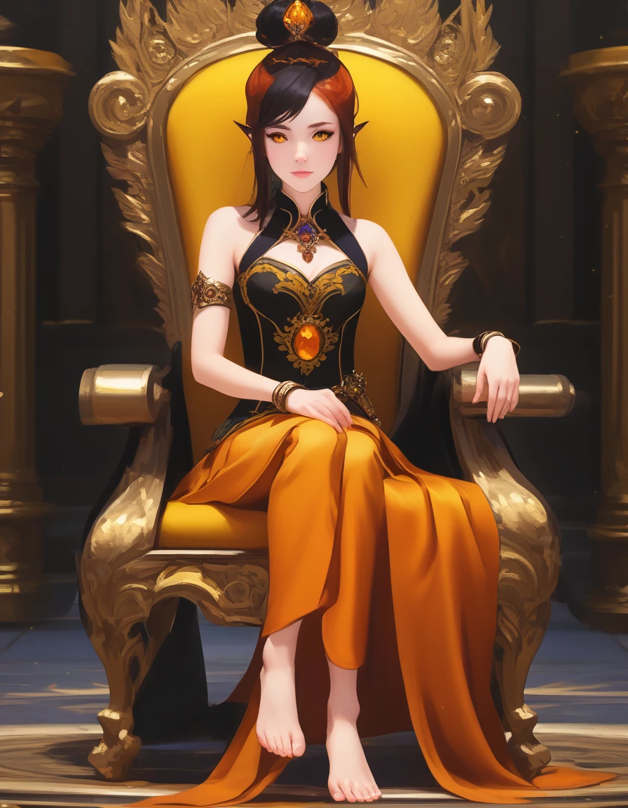 core_9, score_8_up, solo, BREAK, female ,  wilykit, girl, solo, brown hair, tail, two-tone hair, multicolored hair, armlet, yellow eyes, legs crossed,  black hair, orange hair, animal ears, flat chest, throne room, sitting on throne, yellow skin, bare feet,