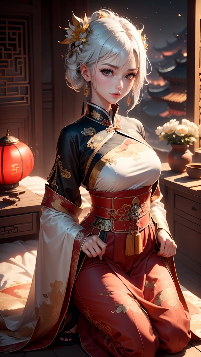 A very beautiful 19 year old woman, ((White hair)), Bob Hairstyle, short hair, ((Big yellow eyes:1,2)) ((Light golden eyes:0,5)) ((Shiny golden eyes:0,5)) Red nails, Young and beautiful face, muscular, slim, But the proportions are even, Perfect fair skin, High-definition graphics, Lifelike face. (((Dressed in traditional Chinese court costumes, black,With gold accents:1,5))) ((带有金色细节的black衣服:0,5)) ((With gold accents的black斗篷:0,5)) ((带金色细节的black连衣裙,)) (((Red Skirt com detalhes dourados:1,5))) ((Red Skirt with gold details:0,5)) ((Red Skirt:0,3)) ((With red Hanafuda earrings:0,5)) ((black吊袜带搭配大腿袜:0,3)) Kneeling on the white bed in an antique Chinese room, You can see the full moon and stars through the window at night, Body reflects light. 4K animation art, Perfect lighting.