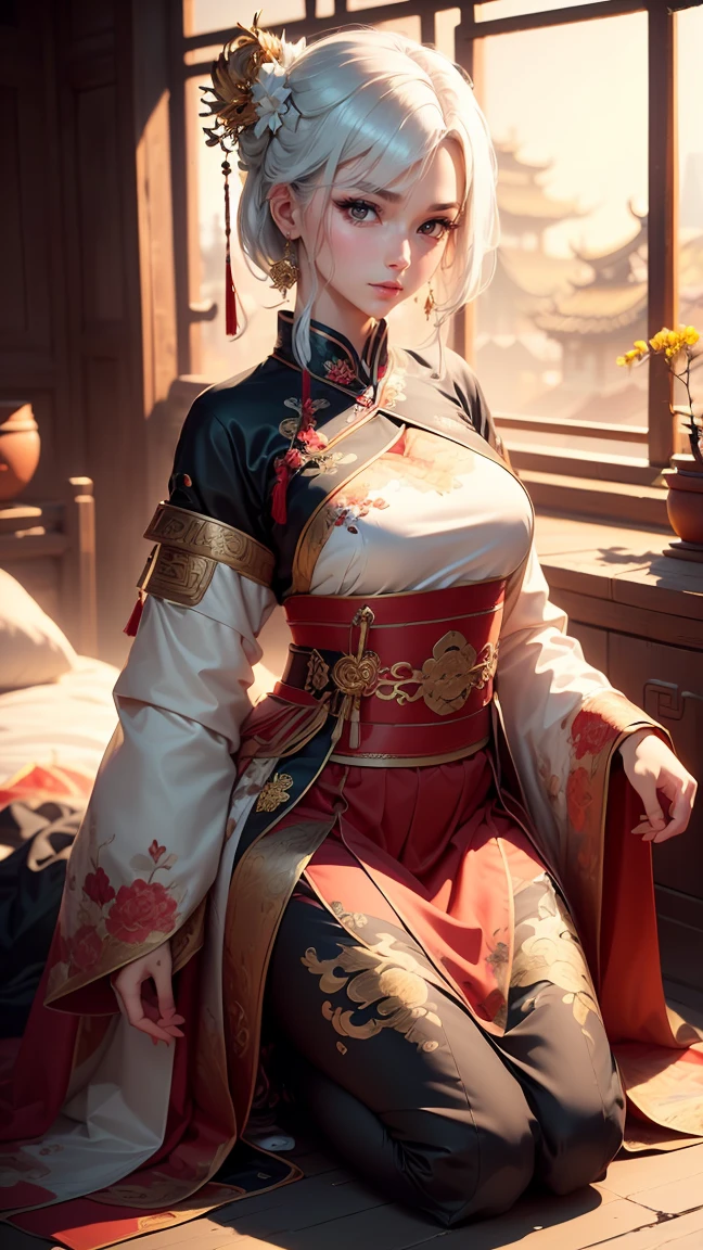 A very beautiful 19 year old woman, ((white hair)), bob haircut, shorth hair, ((big yellow eyes:1,2)) ((light light golden eyes:0,5)) ((Glowing gold Eyes:0,5)) red nails, young and beautiful face, brawny, slim body, but well proportioned, perfect white skin, high detailed drawing, lifelike face. (((Wearing traditional Chinese imperial clothing, black with gold decorations:1,5))) ((black clothes with gold details:0,5)) ((black cloak with golden decorations:0,5)) ((black dress with gold details,)) (((red skirt com detalhes dourados:1,5))) ((red skirt with gold details:0,5)) ((red skirt:0,3)) ((with red Hanafuda earrings:0,5)) ((black garter belt with thigh high stockings:0,3)) Kneeling on a white bed in an ancient Chinese room, with full moon and stars visible through the window at night, with flashes of light reflecting off your body. 4k anime art, perfect lighting.