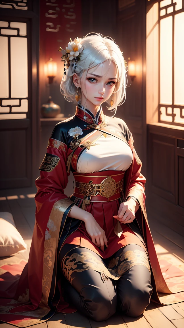A very beautiful 19-year-old woman, (white hair:2), bob haircut, short hair, (yellow eyes:0.5) bright golden eyes, red nails, young beautiful face, muscular, slim but well-proportioned body, perfect white skin, highly detailed drawing, realistic face. (((Wearing traditional Chinese imperial clothes black with golden,))) ((red skirt with contour golden,)) (with red Hanafuda earrings,) (garterbelt black thigh-high socks.) Kneeling on a white bed in an ancient Chinese room, with a full moon and stars visible through the window, with light flashes reflecting on her body. 4k anime art, perfect lighting.