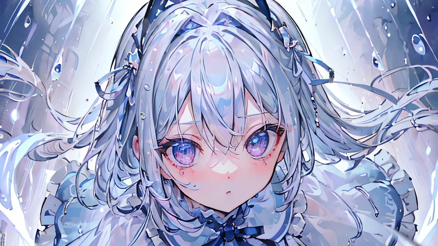 ((Highest quality)), ((masterpiece)), (detailed), Light blue dress、Ribbon belt,Looking into the camera、Backlight、Studio Lighting,Silver Hair Short,Pink eyes,Light blue background、rain、Reflection of light、Transparency、The whole body is visible、Raindrop