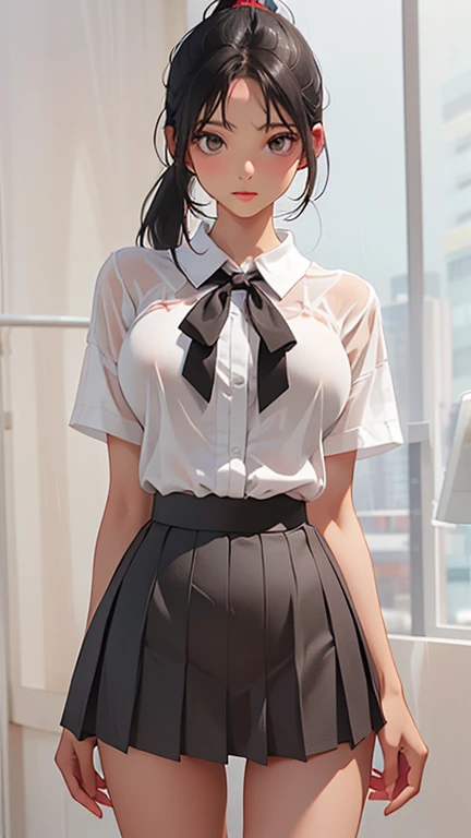 highest quality、Realistic、woman、Gray Eyes、ponytail、all back、Black Hair、White short sleeve blouse、Red checked pleated skirt、White Lingerie、Tanned black body、Tan Skin、Brown black skin、Dark skin、slender、Large Breasts、Torrential rain、soaked、Bust Shot