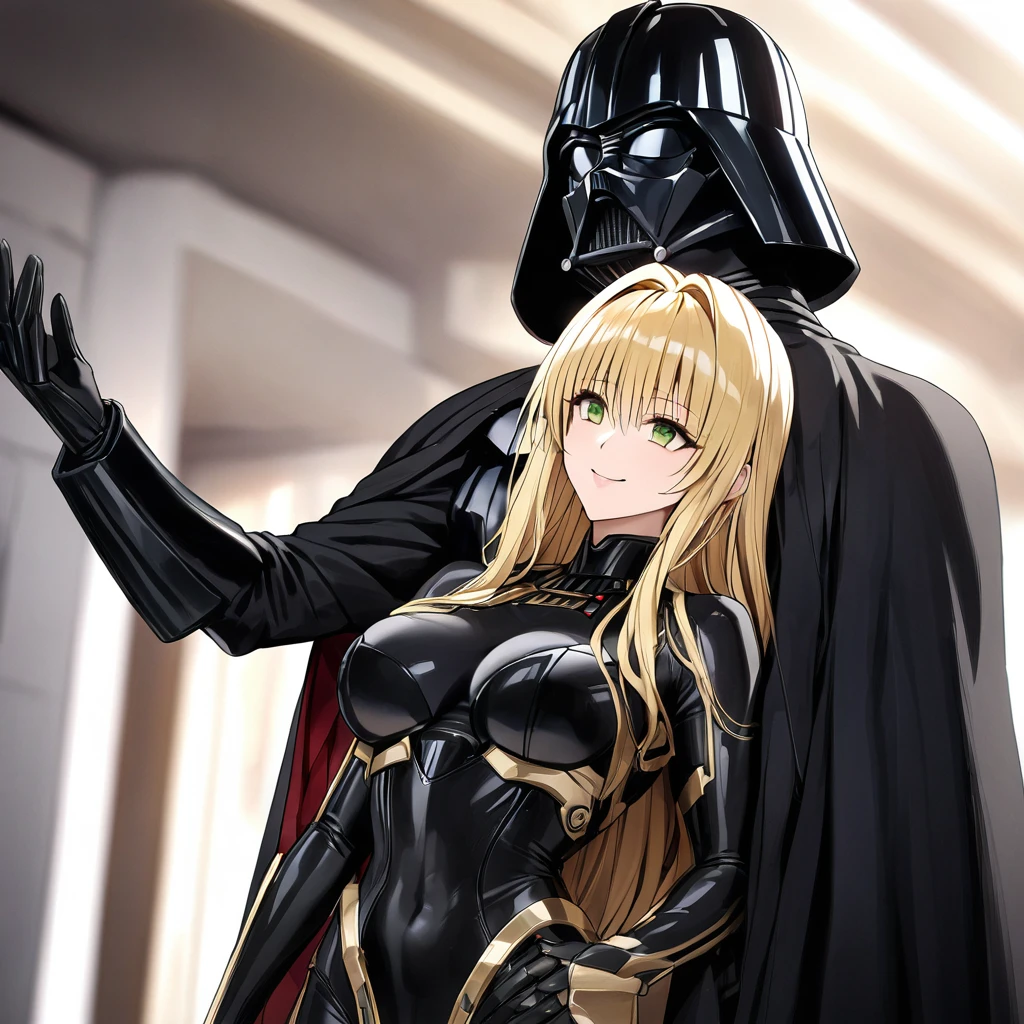 ((Highest quality)), ((masterpiece)), (detailed), (Perfect Face)、The woman is a Stormtrooper named Tiare, with green eyes, medium-long blonde hair, and is wearing a gorgeous black Stormtrooper bodysuit with gold patterns and trim, a gorgeous black cape, and a Darth Vader helmet.、The woman is standing next to Darth Vader and smiling sweetly at him.