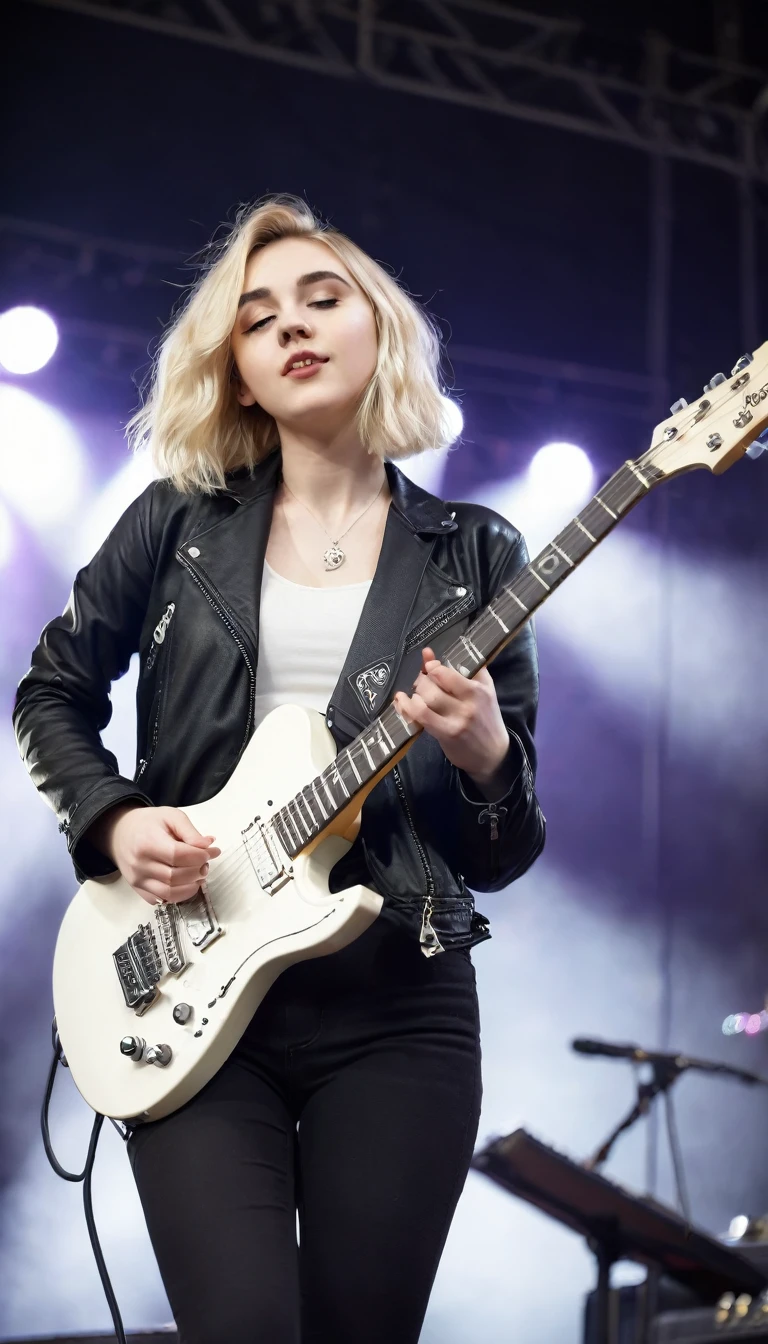 A beauty young woman with blonde hair and black jacket playing a white electric guitar for the audience on the stage