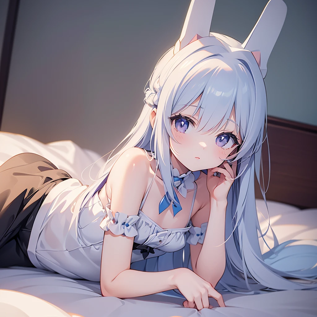 ((masterpiece)), ((Best Quality)), (Ultra-detailed), Anime style, Cute , 1girl in, Solo, 8k, lying on the bed, young girl , flat chest, bare shoulders , rabbit girl 