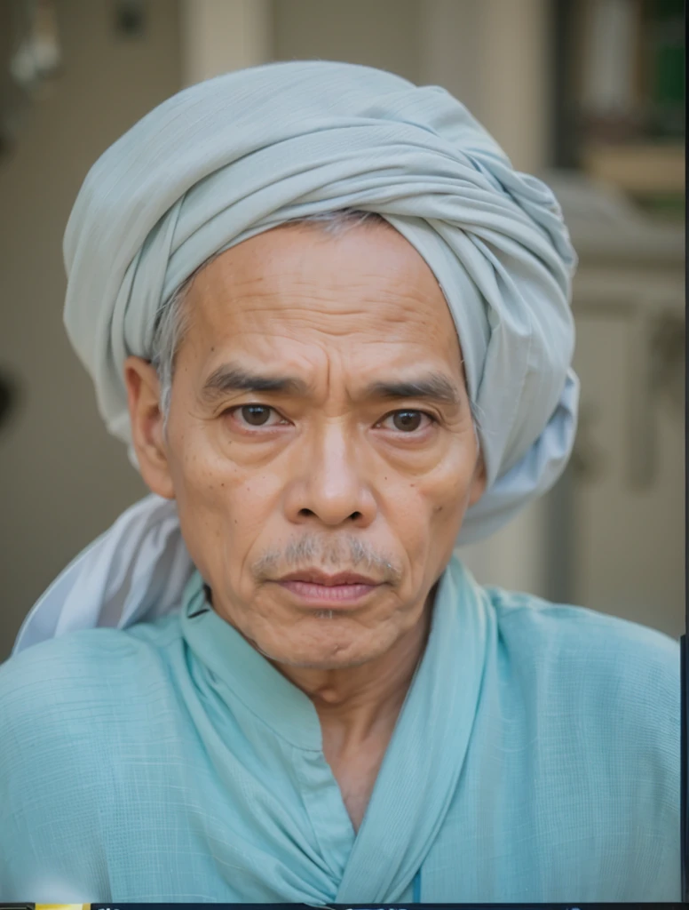 a realistis indonesian man face age 50 years wear a white turban,ultra hd 8k