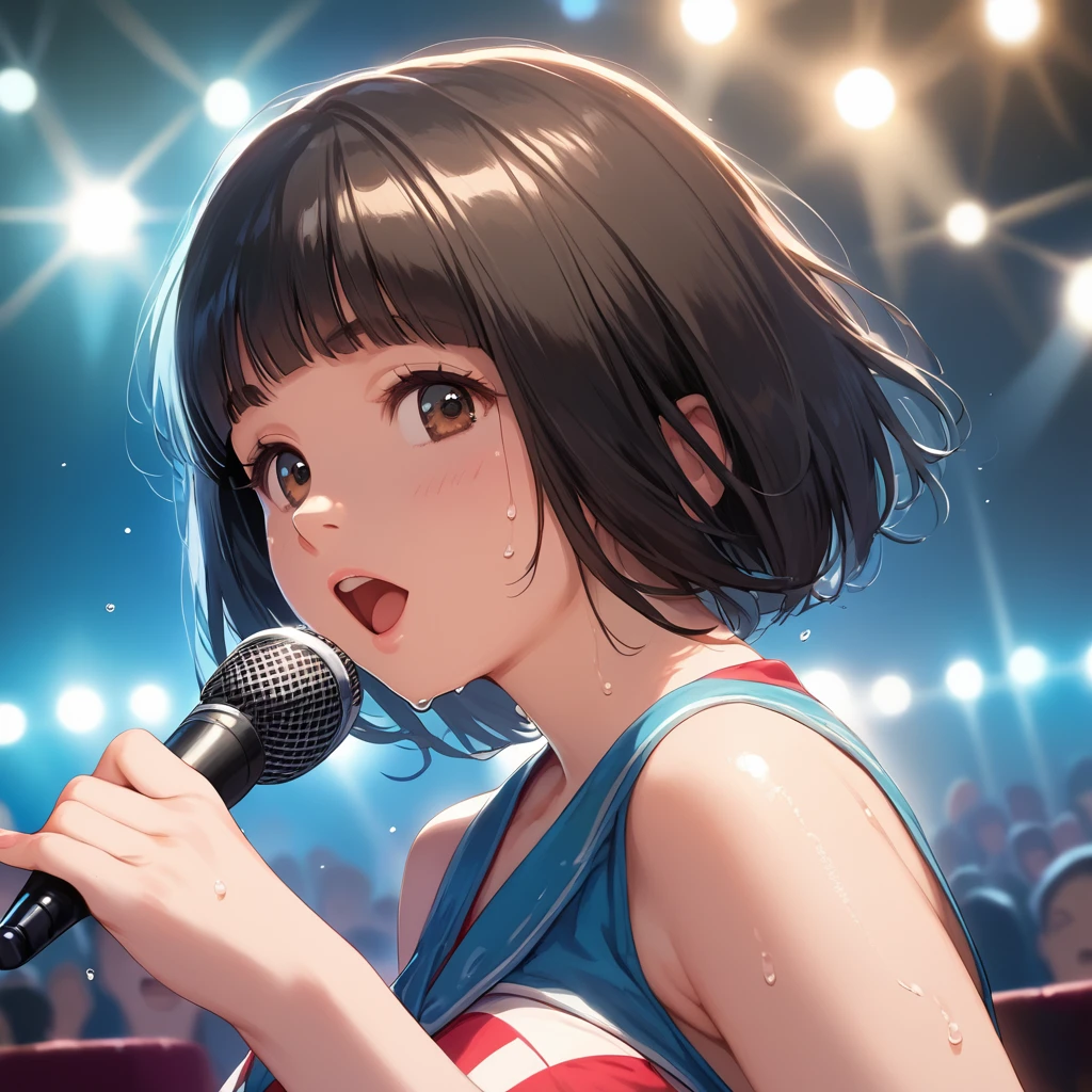 score_9,score_8_up,score_7_up,masterpiece,best quality, source anime, realistic, super detailed, extreme detailed, rating_safe,
1girl, singing, Hand Microphone, from side, (close up face:1.2),
BREAK girl, 22yo, short hair, bob cut, (blunt bangs), black hair, (tareme, detailed cute brown eyes), curled eyelashes, (large breasts:0.9),
shiny hair, beautiful detailed eyes, beautiful face,
Rock singer, Serious, (raised eyebrows:1.2), (open mouth:1.3), (sweat:1.2),
on stage, spot light, audience, Blurred Background,