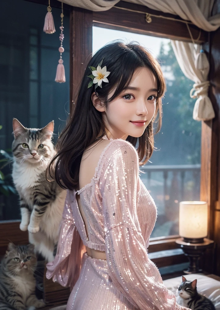 Diffuse lighting、 Highest quality, High resolution, unity 8k wallpaper、Supersaturation, Colorful, fairy tale, dream-like, Movie-like characters, oil, 3d, 8K resolution, Sequins, Sparkling,moonlight, Close-up portrait adorable,Too cute cat, Fine grain, Large, round, reflective eyes,Dreamland、pastel colour、pleasant to the touch、Facing forward、smile、full moon、Mysterious Flower、Beautiful cat、cute cat、Surrounded by many cats、Lost in Cat Country、whole body、Gaze over your shoulder、whole bodyの姿、Tight ass、