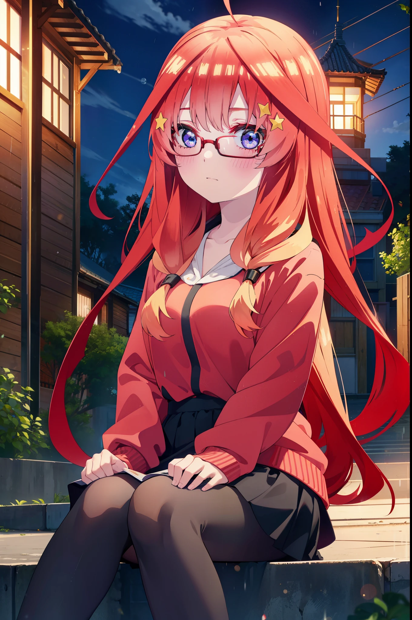 itsukinakano, itsuki nakano, bangs, blue eyes, Hair between the eyes, Ahoge, Redhead, star \(symbol\), hair ornaments, star hair ornaments,Braid,Baseball hats,Red-rimmed glasses,Oversized red hoodie and long skirt,Black pantyhose,short boots,Hiding in a roofed building,Sitting on the steps of a roofed building,rain,night,whole bodyがイラストに入るように,
break outdoors, Alley,
break looking at viewer, whole body,
break (masterpiece:1.2), Highest quality, High resolution, unity 8k wallpaper, (figure:0.8), (Beautiful attention to detail:1.6), Highly detailed face, Perfect lighting, Highly detailed CG, (Perfect hands, Perfect Anatomy),