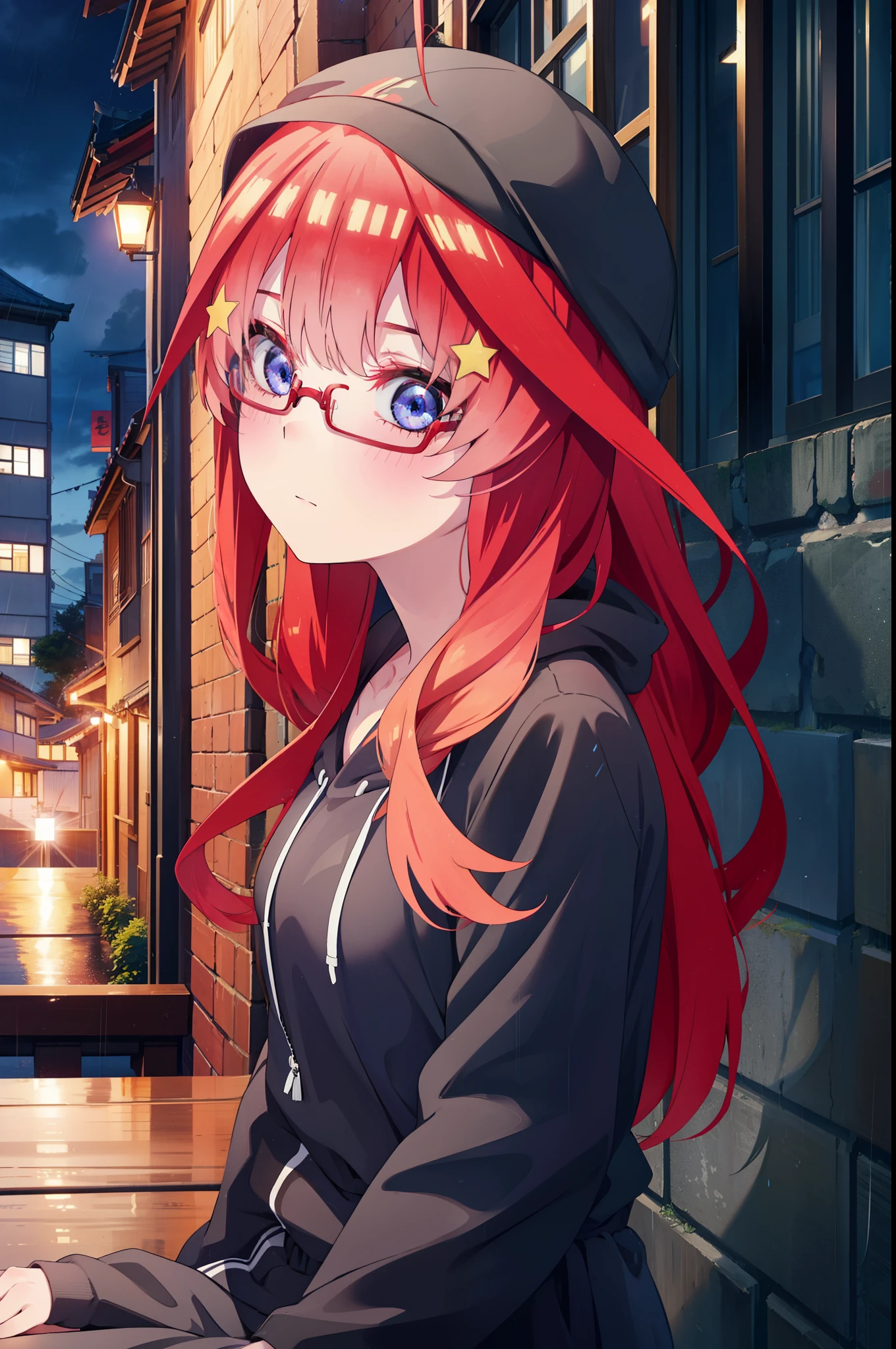 itsukinakano, itsuki nakano, bangs, blue eyes, Hair between the eyes, Ahoge, Redhead, star \(symbol\), hair ornaments, star hair ornaments,Braid,Baseball hats,Red-rimmed glasses,Oversized red hoodie and long skirt,Black pantyhose,short boots,Hiding in a roofed building,Sitting on the steps of a roofed building,rain,night,whole bodyがイラストに入るように,
break outdoors, Alley,
break looking at viewer, whole body,
break (masterpiece:1.2), Highest quality, High resolution, unity 8k wallpaper, (figure:0.8), (Beautiful attention to detail:1.6), Highly detailed face, Perfect lighting, Highly detailed CG, (Perfect hands, Perfect Anatomy),