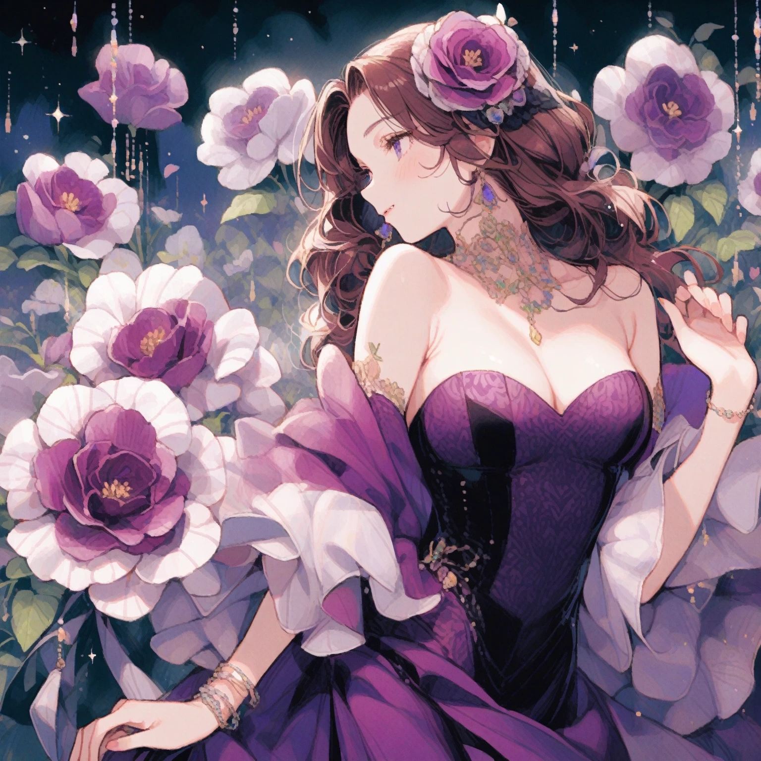 1girl、Gloxinia、「A glorious day々」「Glossy」「coquetry」、A beautiful woman in a gorgeous velvet dress dances at an evening party、Purple gloxinia with slightly white edges on the petals、tegaki