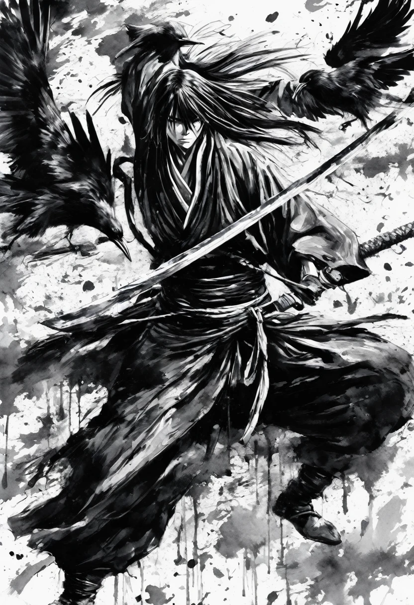 Ink painting,Ink Painting,Black and white painting,splash,Anime Rurouni Kenshin,main character、Kenshin Himura,Black Costume,(multiple crows:1.2),(acrobatic pose,Detailed depiction of intense sword fighting scenes:1.2),
